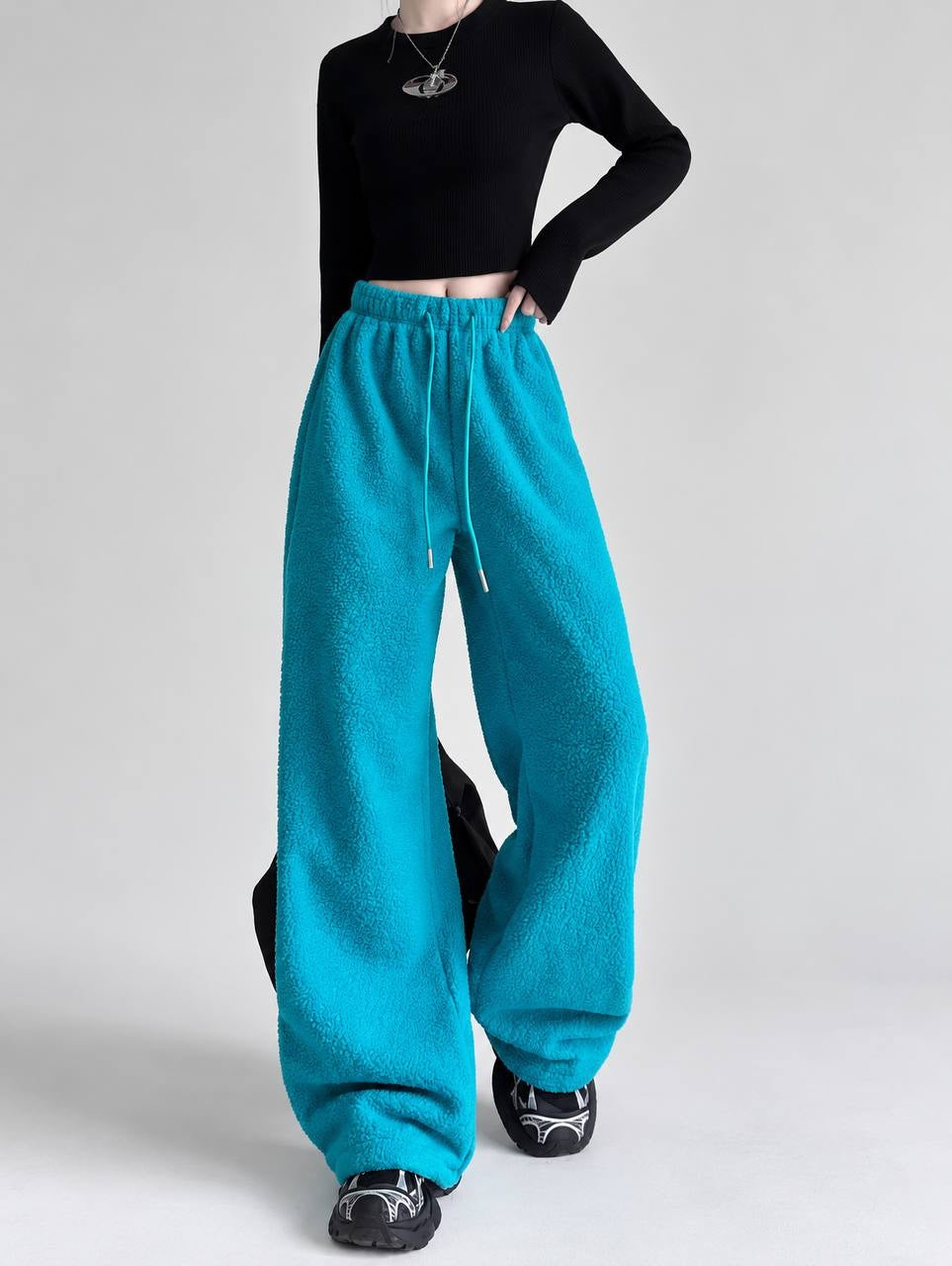 Textured Wide-Leg Pants With An Elastic Drawstring Waist – Turquoise