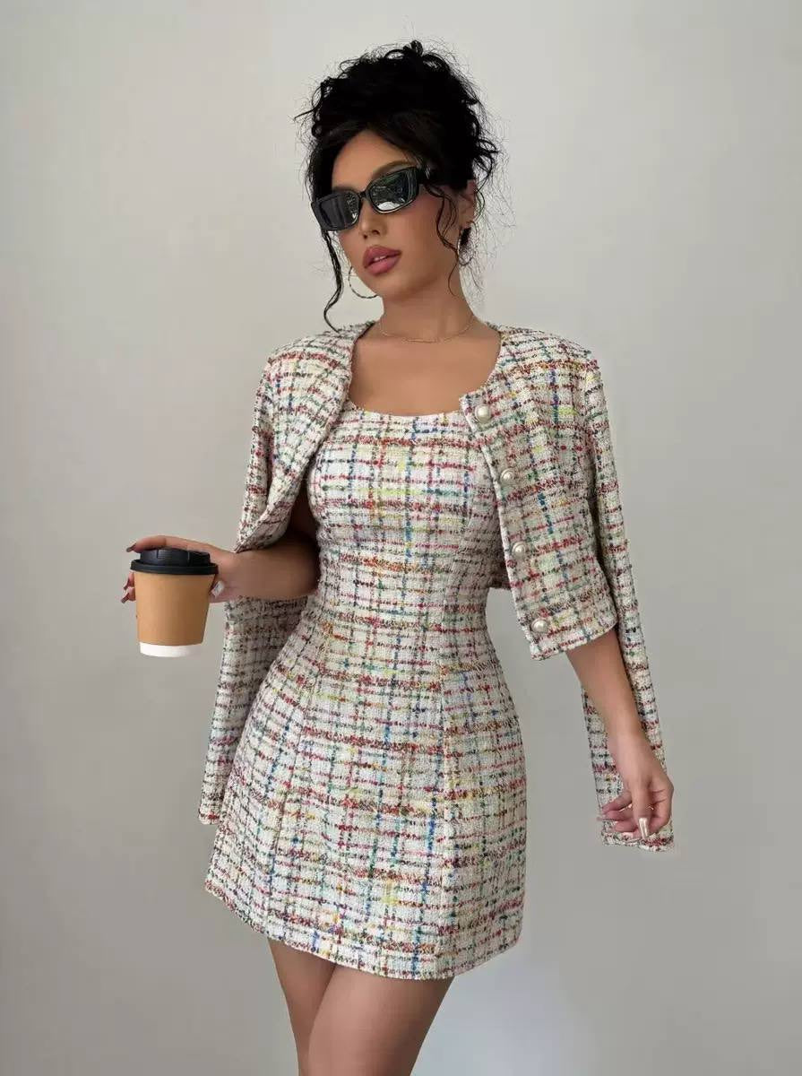 Plaid Mini Dress and Cropped Jacket Set – Multicolour Plaid