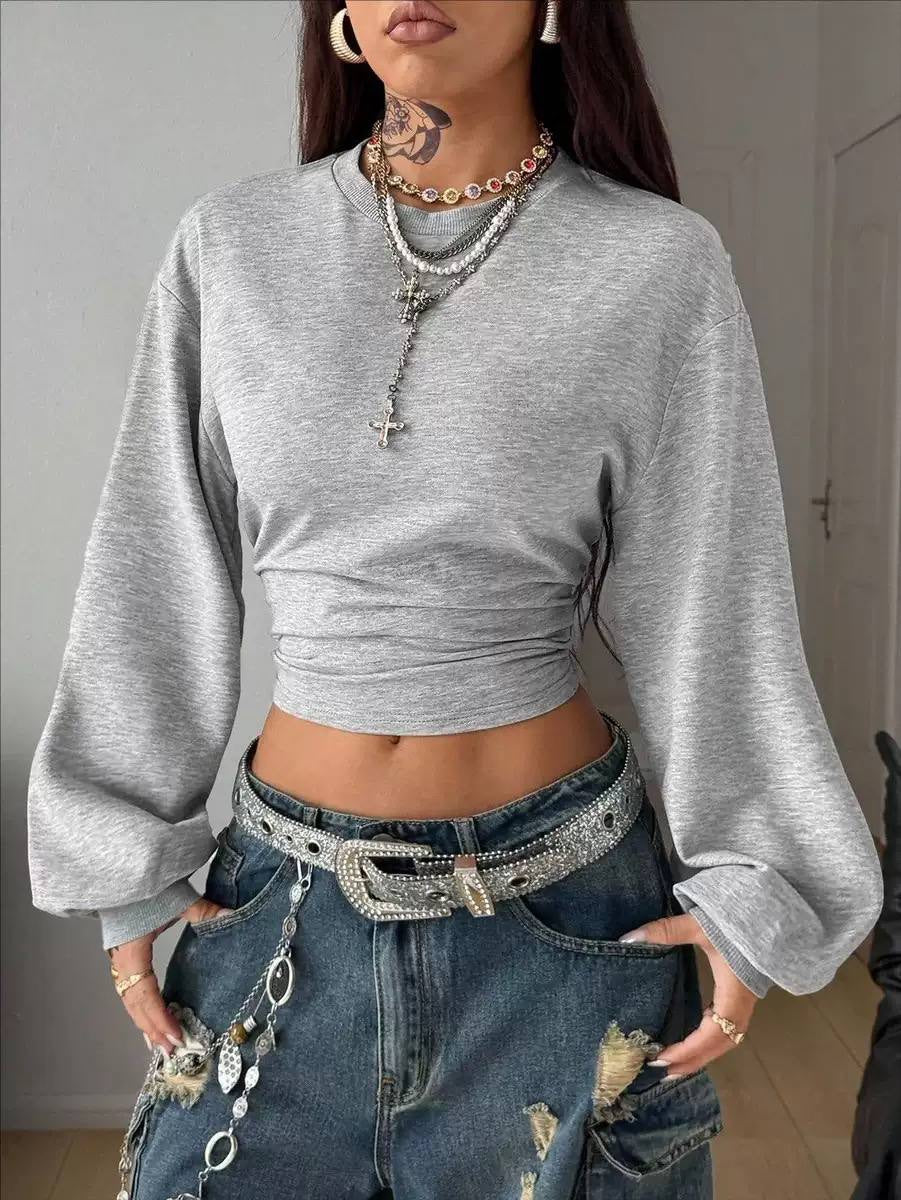 Crew Neck Ruched Crop Top With Long Balloon Sleeves – Grey