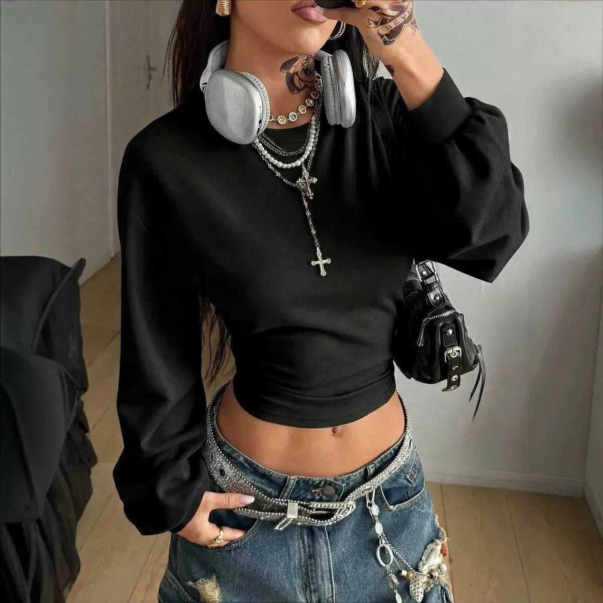 Crew Neck Ruched Crop Top With Long Balloon Sleeves – Black