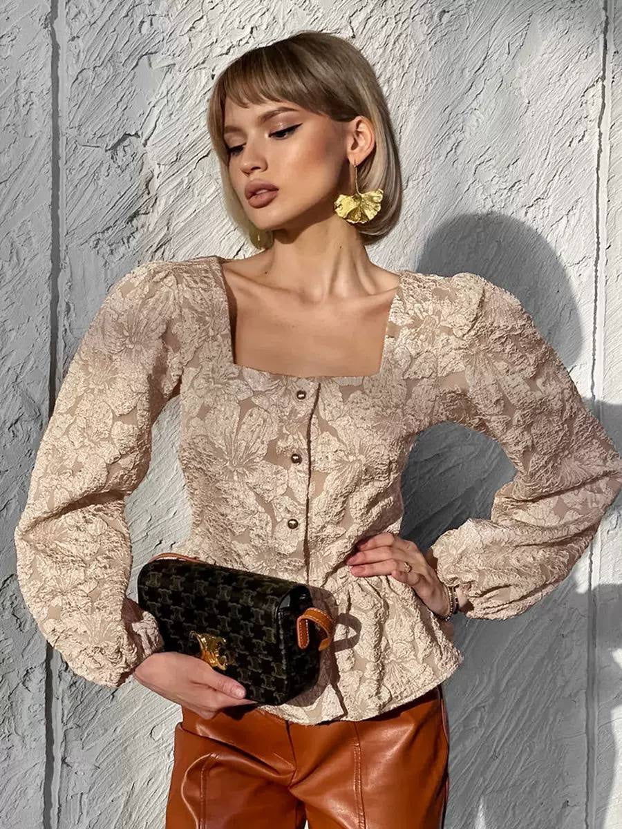 Textured Floral Square Neck Puff Sleeve Peplum Blouse – Beige Floral