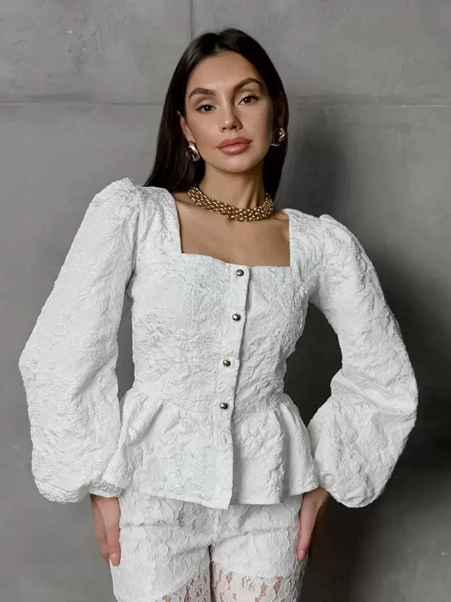 Textured Floral Square Neck Puff Sleeve Peplum Blouse – White Floral