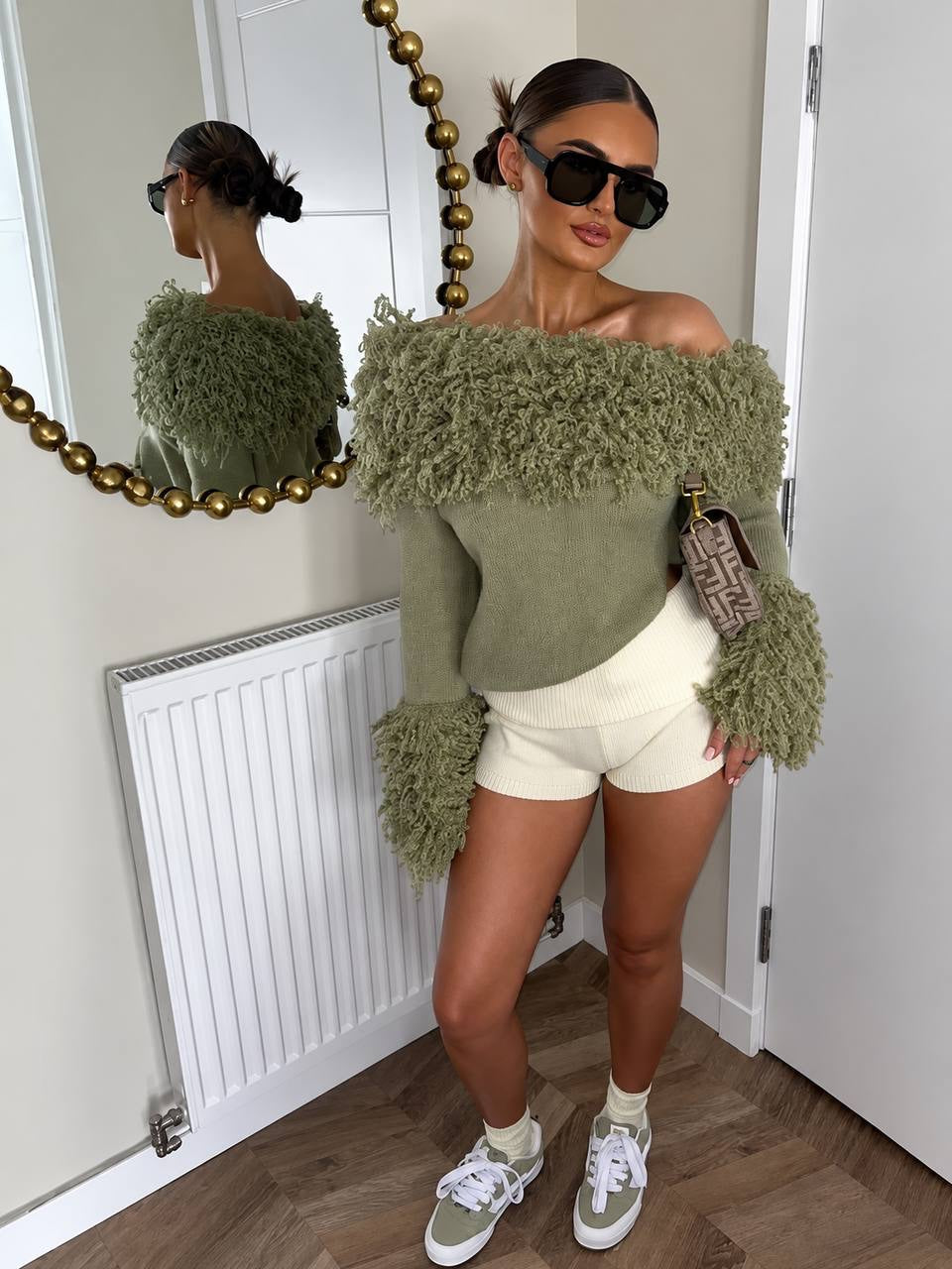 Off-Shoulder Sweater With Textured Trim and Long Sleeves – Olive Green