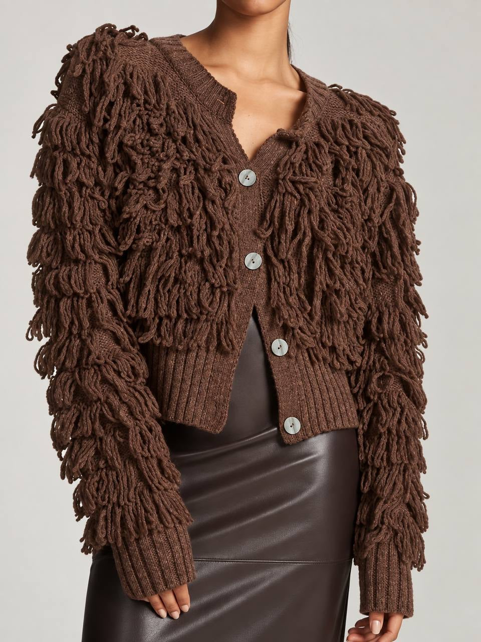 Loop Fringe Button-Front Cardigan With Ribbed Trim – Brown