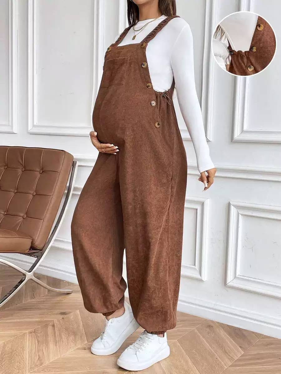 Relaxed Maternity Overall Jumpsuit With Front Pocket – Brown