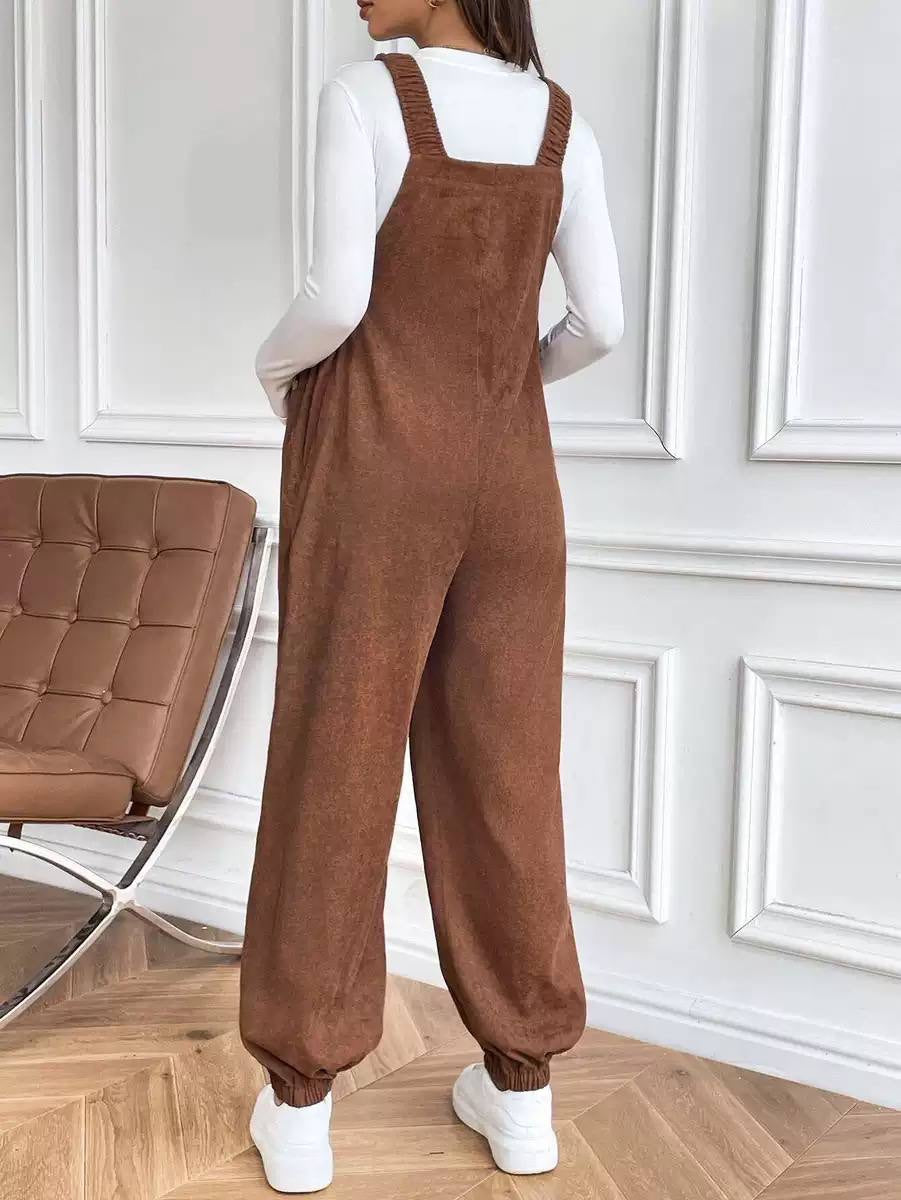 Relaxed Maternity Overall Jumpsuit With Front Pocket – Brown