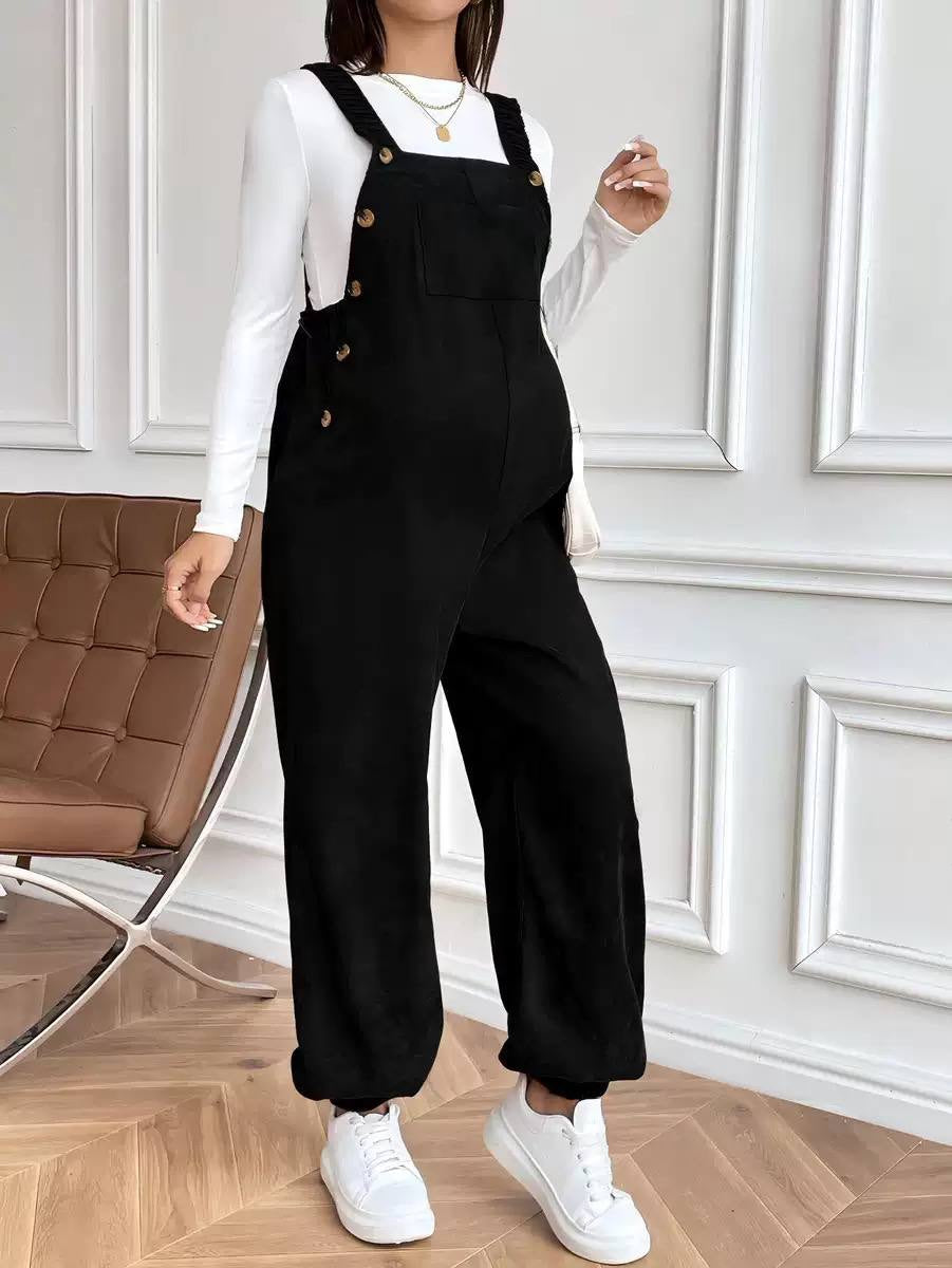Relaxed Maternity Overall Jumpsuit With Front Pocket – Black
