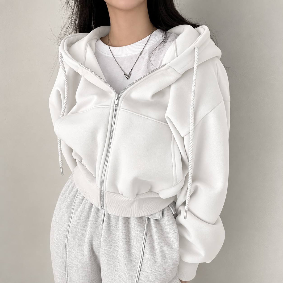 Cropped Zip-Up Hoodie With Dropped Shoulders and Pockets – White