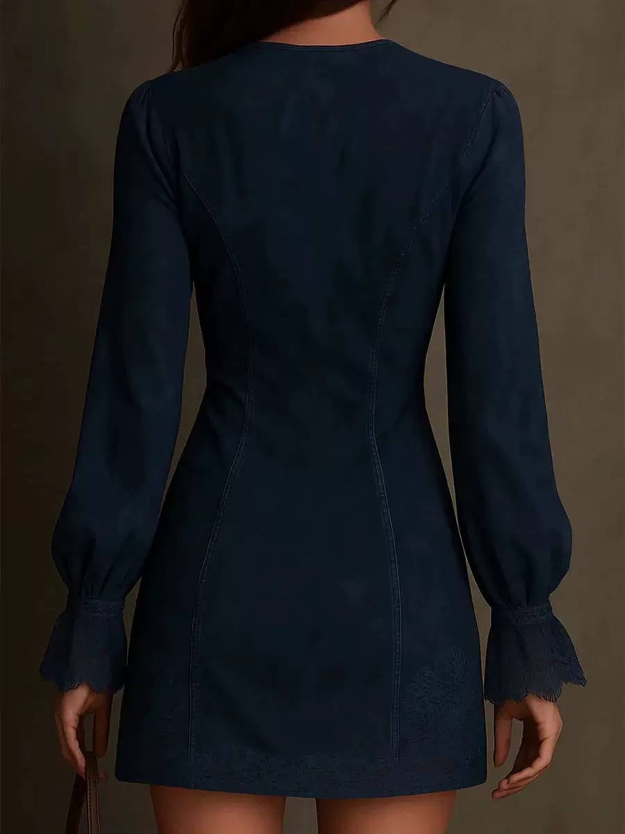 Embroidered Zip-Neck Mini Dress With Long Balloon Sleeves – Navy