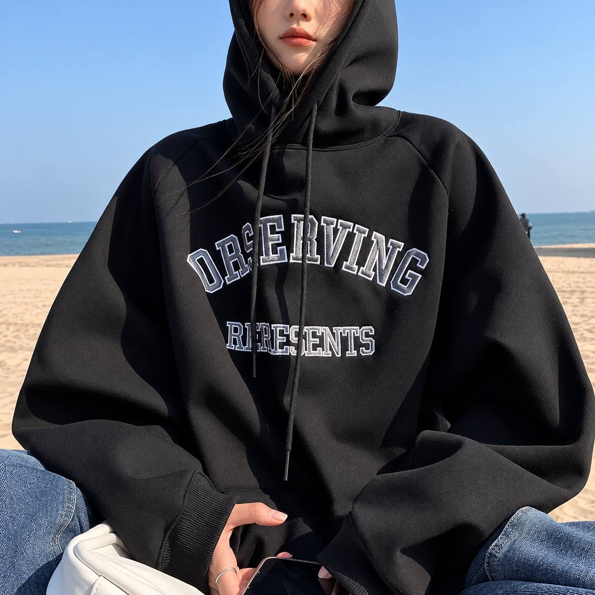 Oversized Lettering Hoodie With Drawstring And Kangaroo Pocket – Black