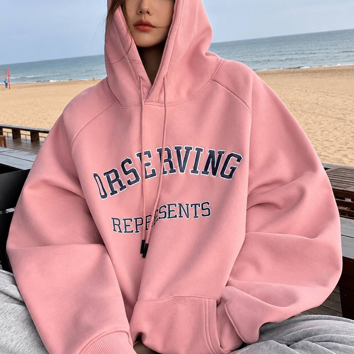 Oversized Lettering Hoodie With Drawstring And Kangaroo Pocket – Pink