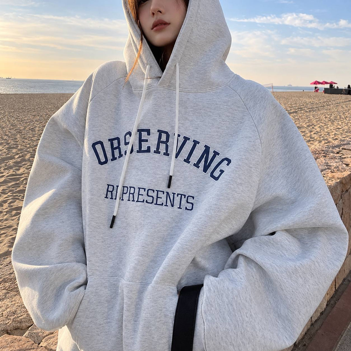 Oversized Lettering Hoodie With Drawstring And Kangaroo Pocket – Light Grey
