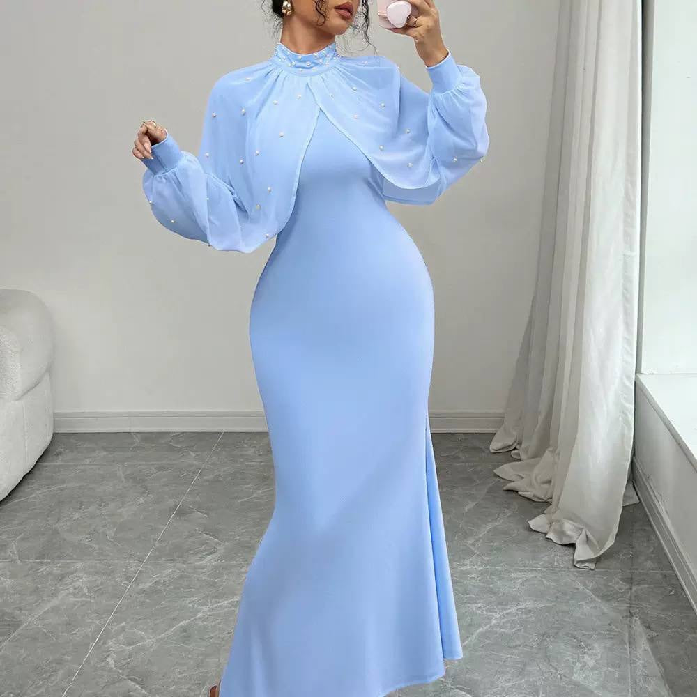 Embellished High Neck Maxi Dress With Sheer Sleeves