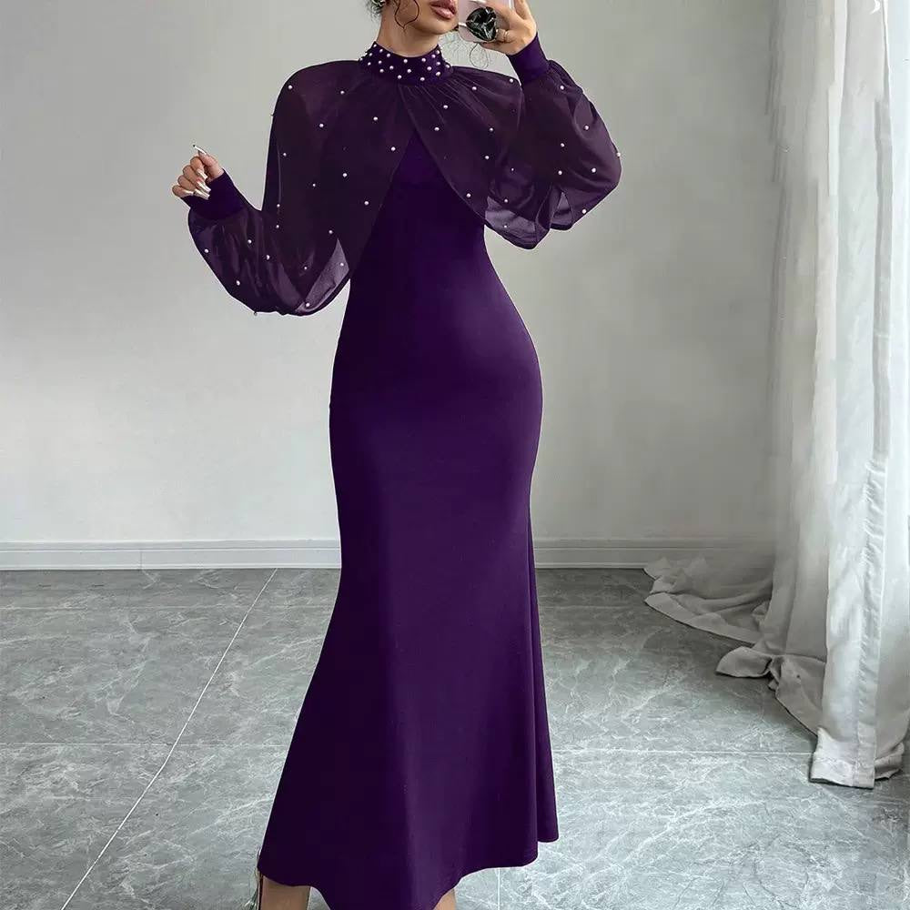 Embellished High Neck Maxi Dress With Sheer Sleeves
