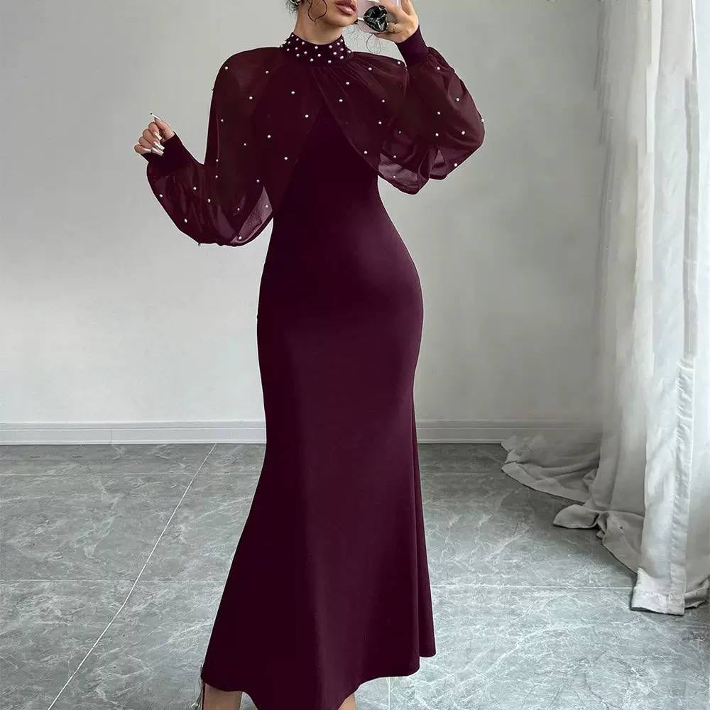 Embellished High Neck Maxi Dress With Sheer Sleeves