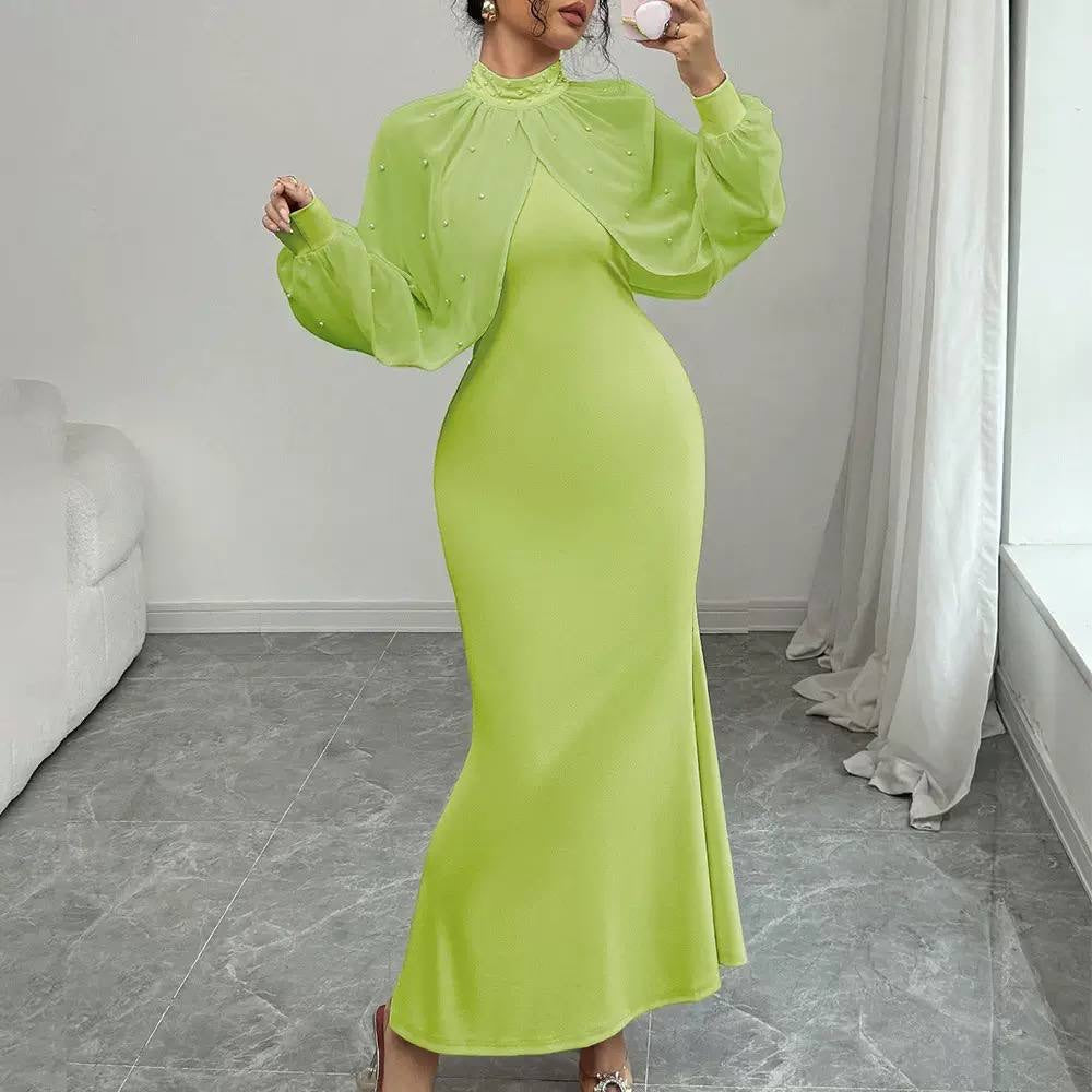 Embellished High Neck Maxi Dress With Sheer Sleeves