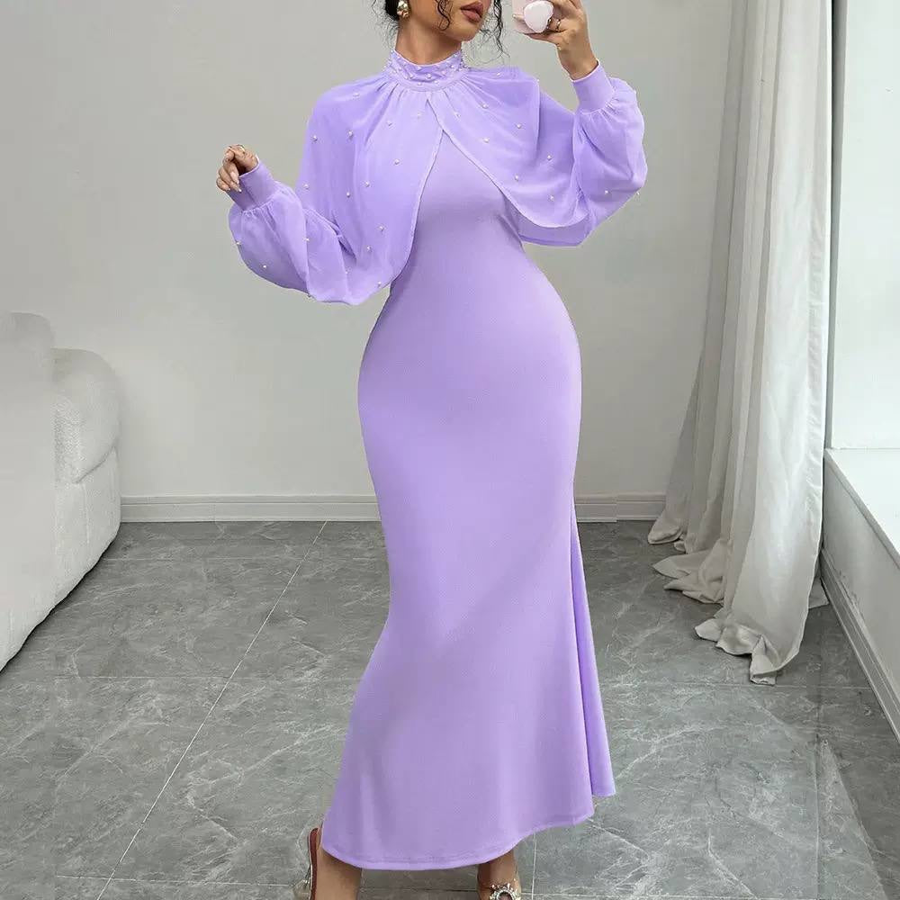 Embellished High Neck Maxi Dress With Sheer Sleeves