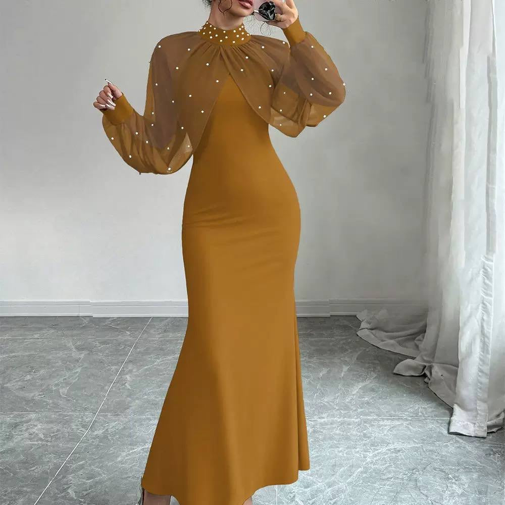 Embellished High Neck Maxi Dress With Sheer Sleeves