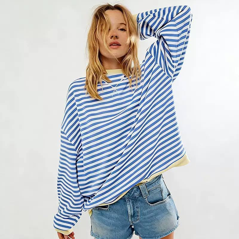 Oversized Striped Long Sleeve Top With Contrast Trim – Blue And White Stripe