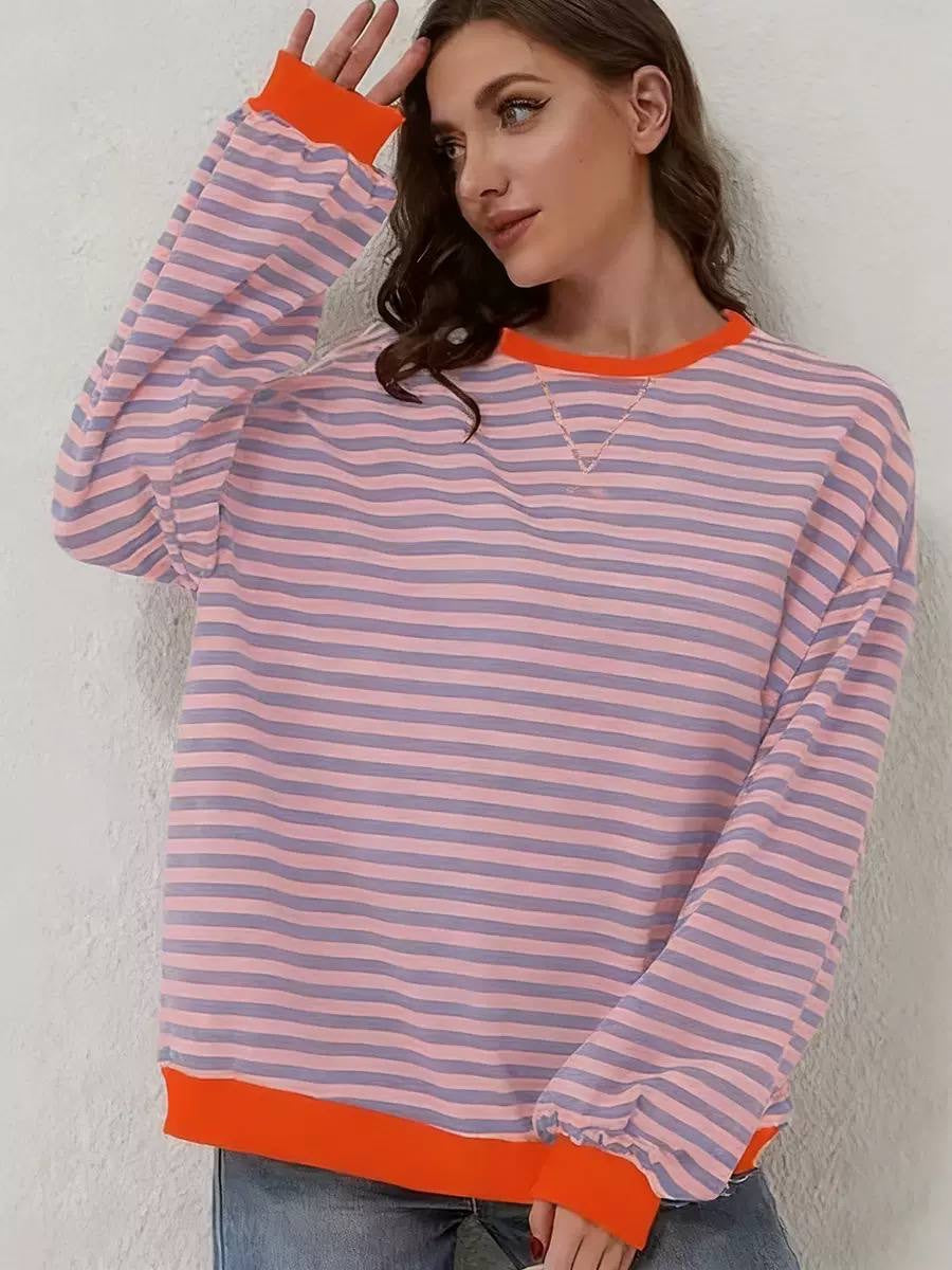 Oversized Striped Long Sleeve Top With Contrast Trim – Pink And Lilac Stripe