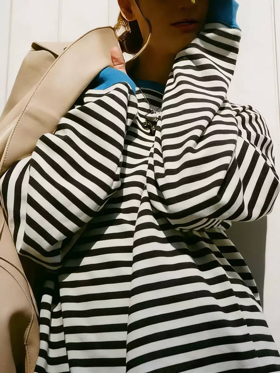 Oversized Striped Long Sleeve Top With Contrast Trim – Black And White Stripe