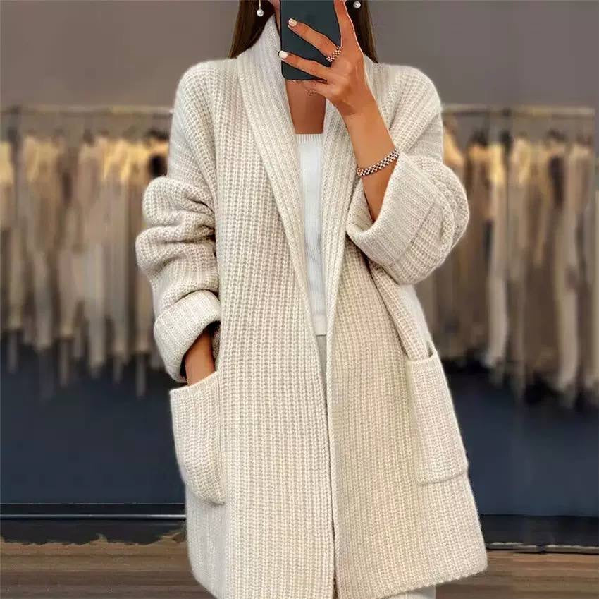 Longline Open Front Knit Cardigan With Patch Pockets – Cream