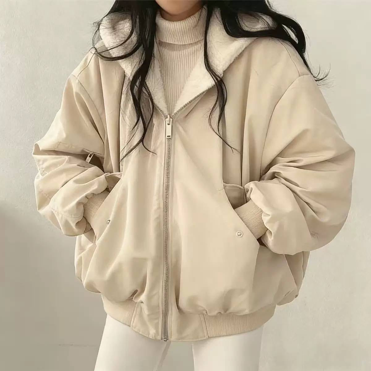 Oversized Zip-Front Bomber Jacket With Plush Collar – Beige
