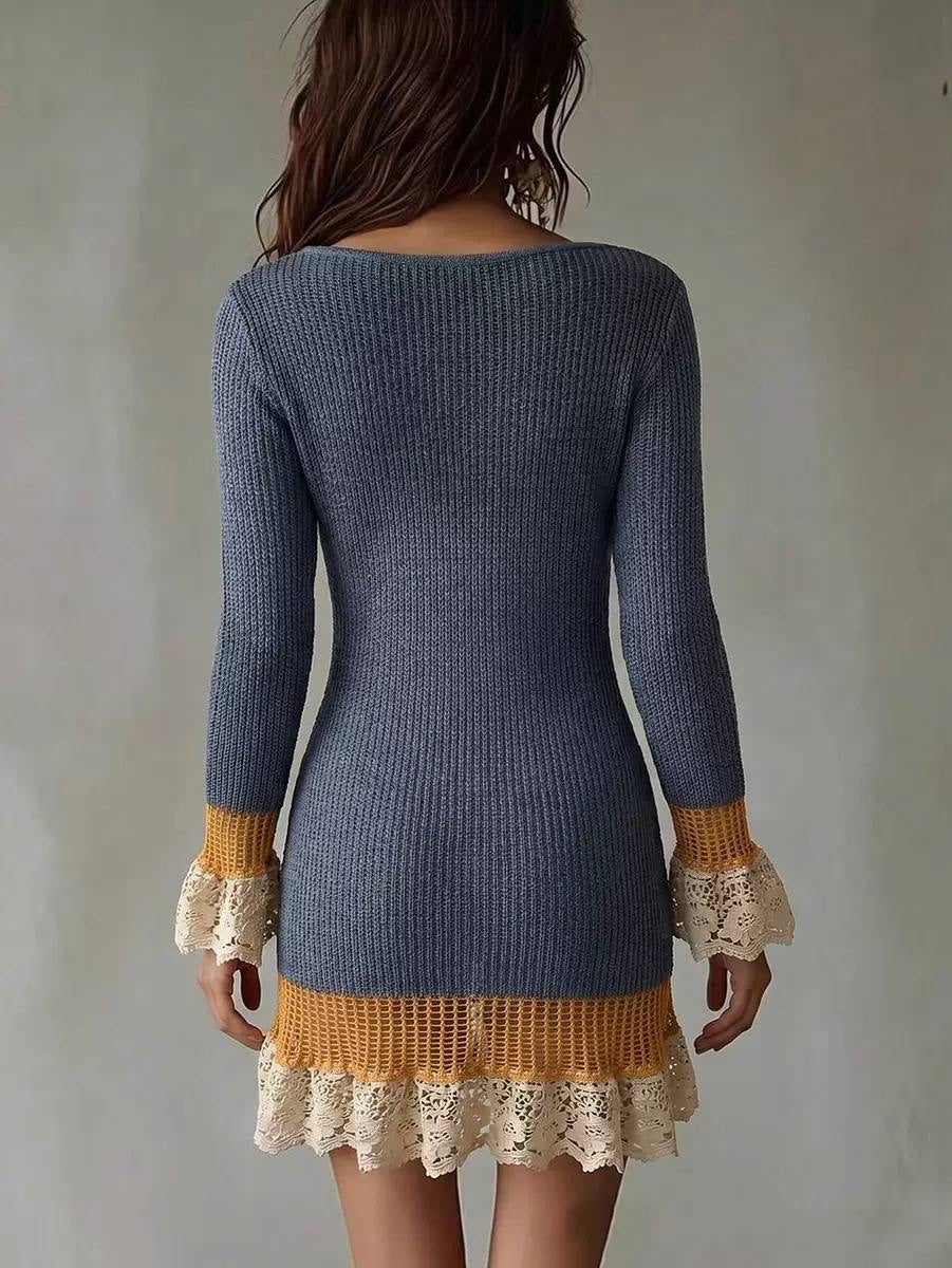 V-Neck Long Sleeve Sweater Dress With Lace Trim – Blue