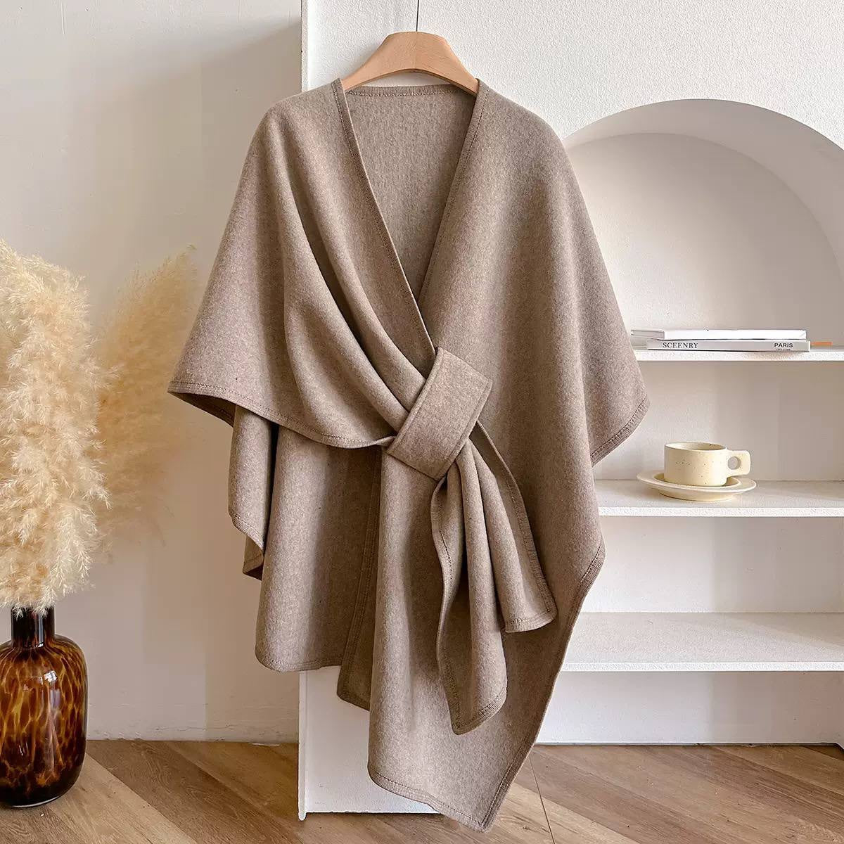 Draped Cape Wrap With Front Loop Detail – Taupe
