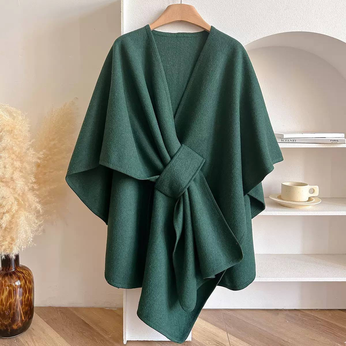 Draped Cape Wrap With Front Loop Detail – Dark Green