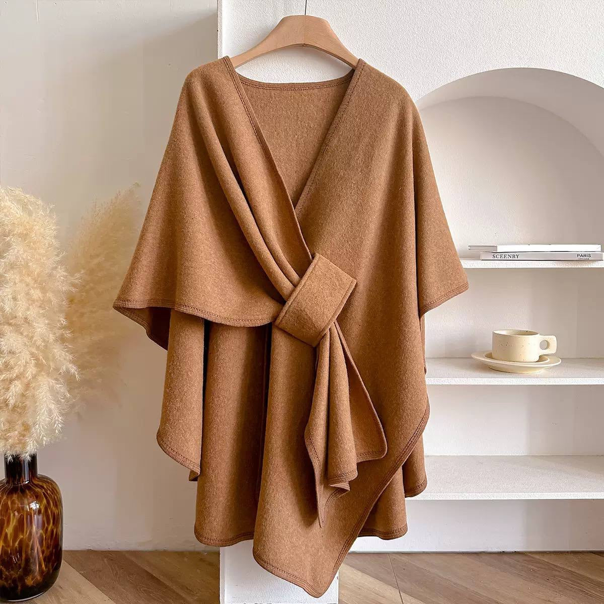 Draped Cape Wrap With Front Loop Detail – Camel