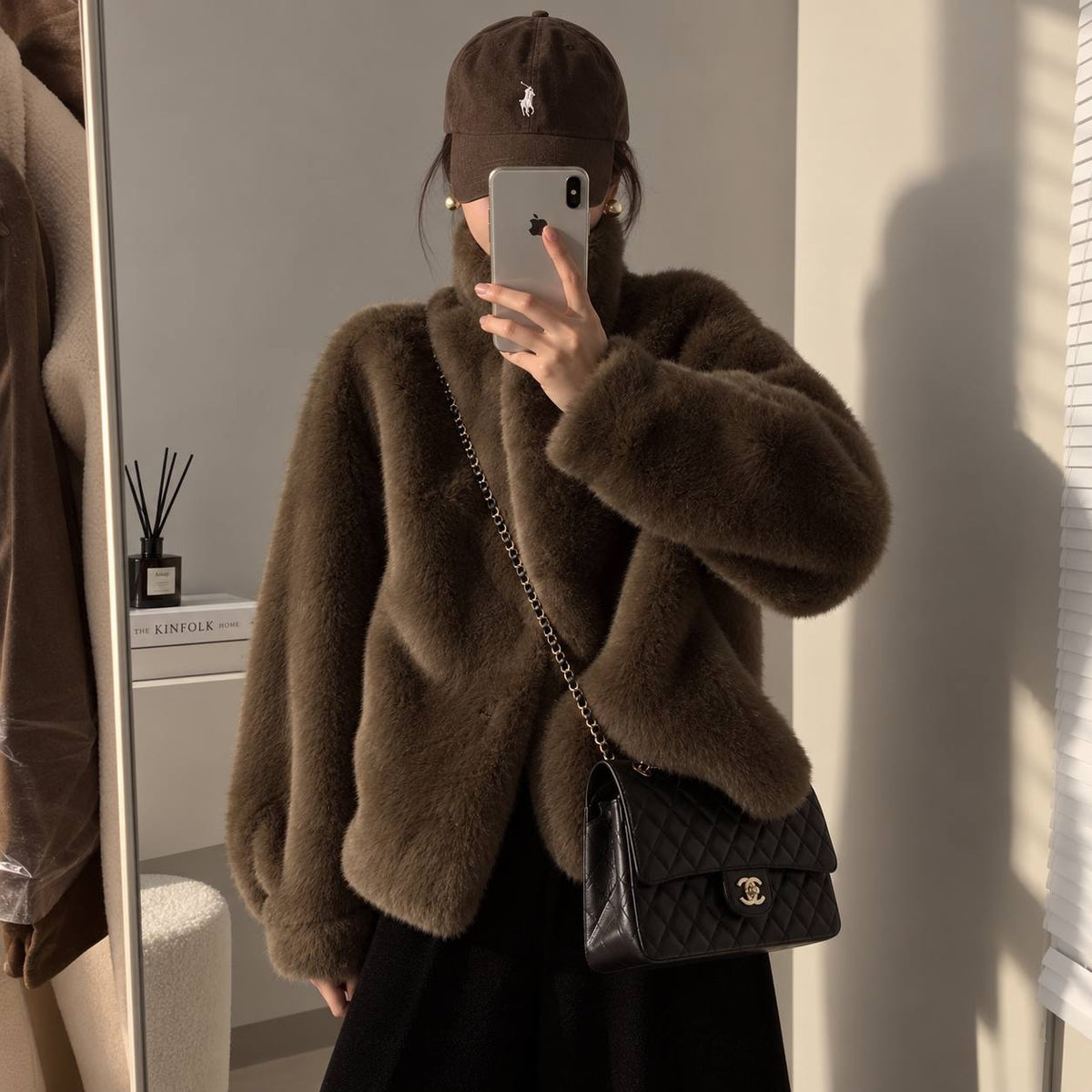 Plush Textured Stand Collar Jacket With Long Sleeves – Brown