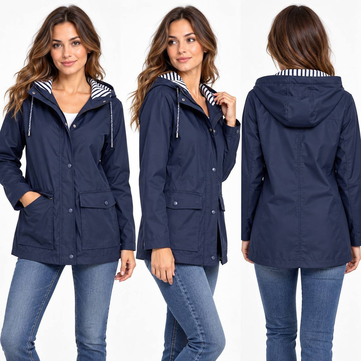 Hooded Zip-Front Jacket With Striped Hood Lining – Navy