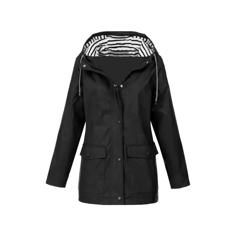 Hooded Zip-Front Jacket With Striped Hood Lining – Black