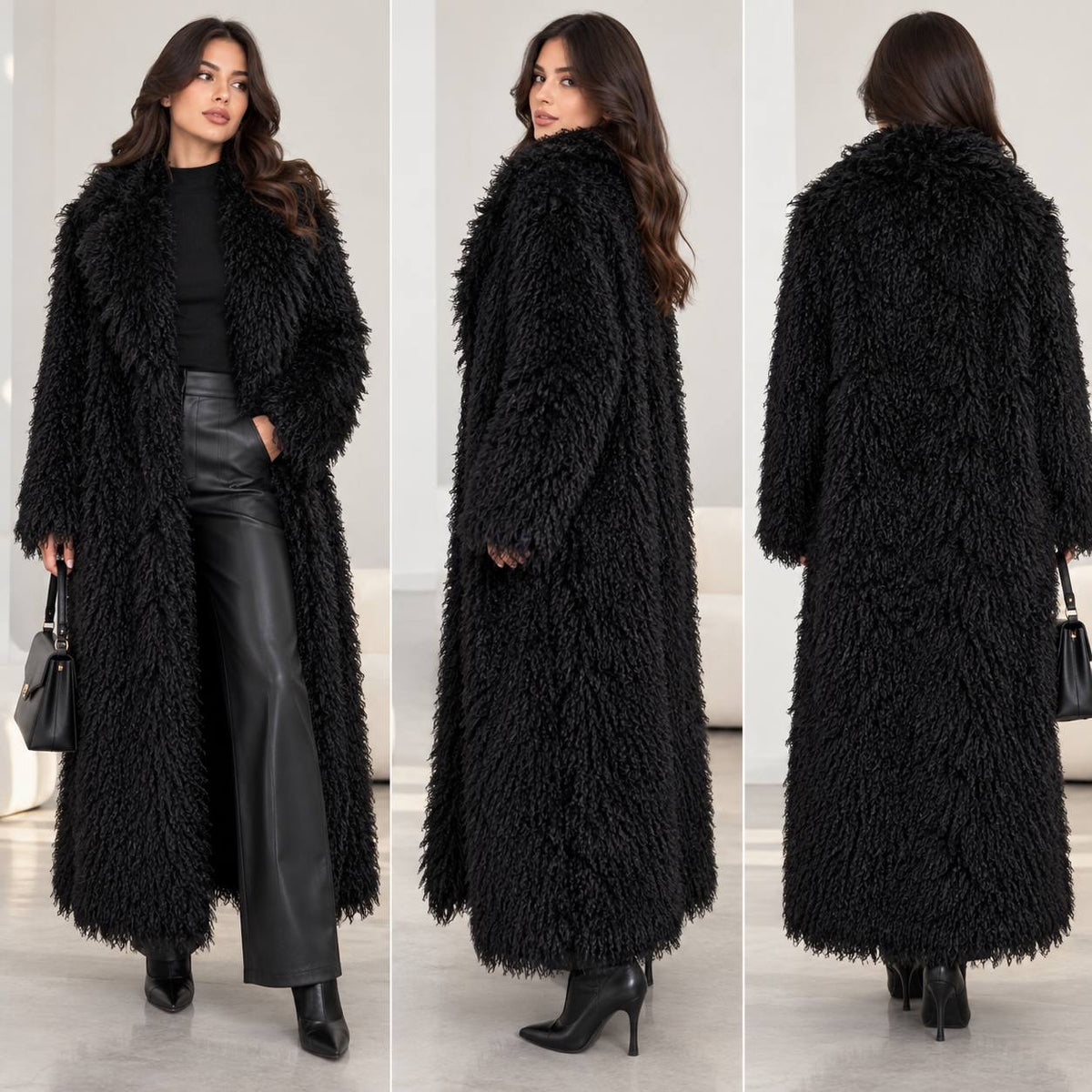 Textured Longline Coat With Wide Collar and Long Sleeves – Black