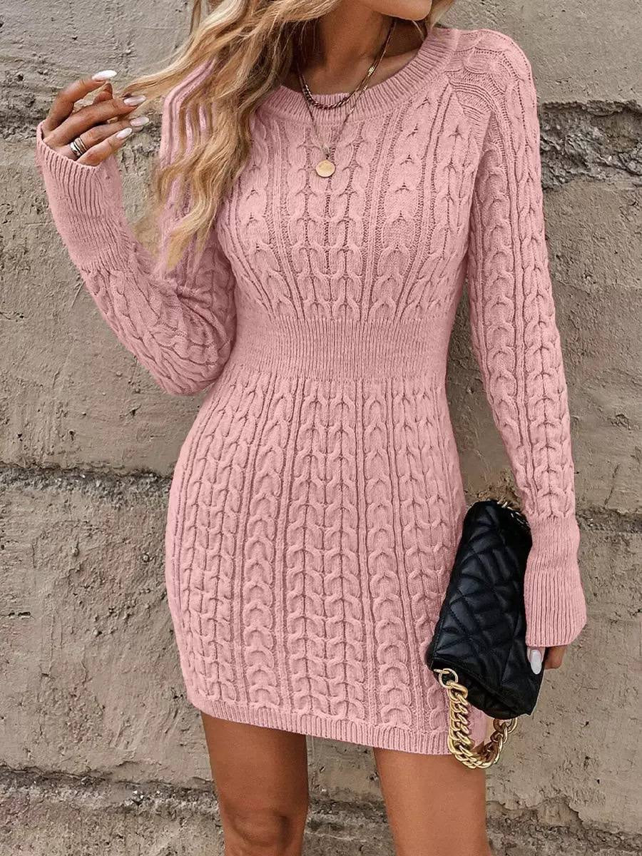 Cable Knit Long Sleeve Mini Sweater Dress – Pink