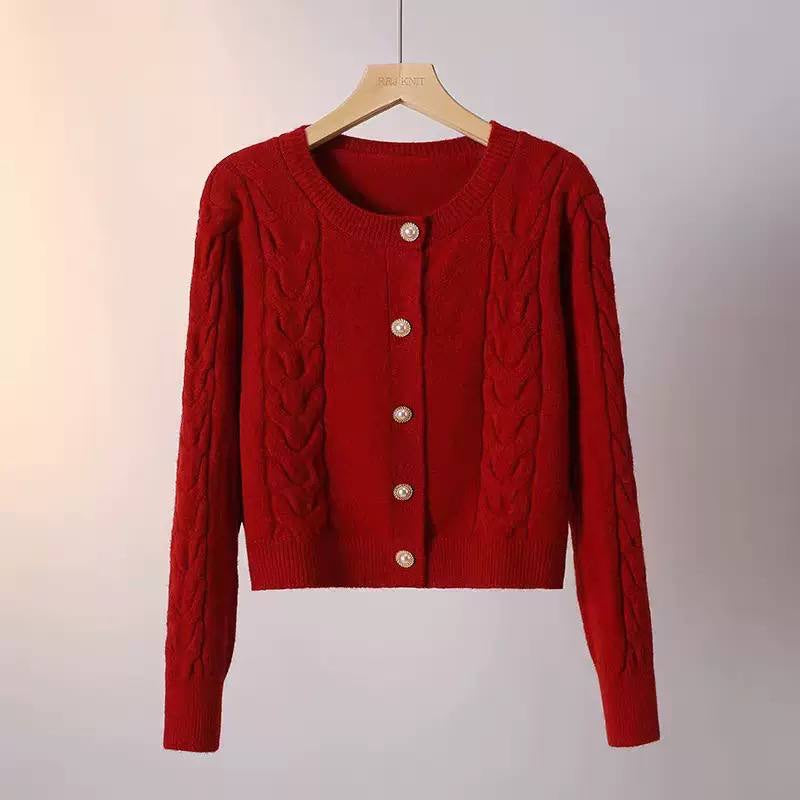 Cable-Knit Round Neck Cardigan With Decorative Button Front – Red