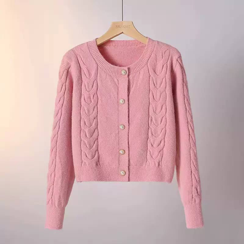 Cable-Knit Round Neck Cardigan With Decorative Button Front – Pink