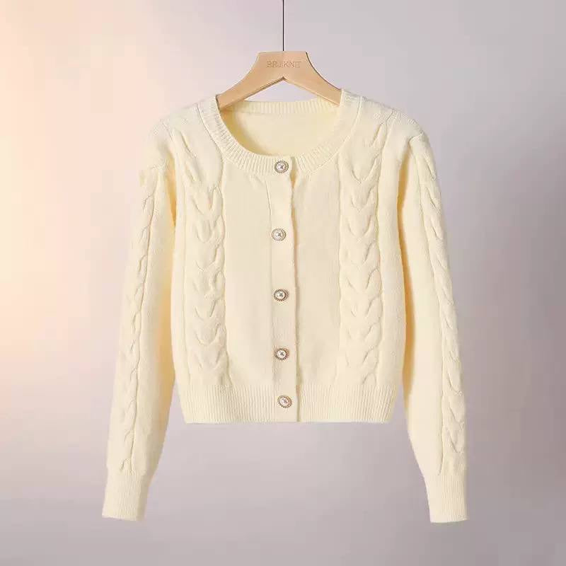 Cable-Knit Round Neck Cardigan With Decorative Button Front – Cream