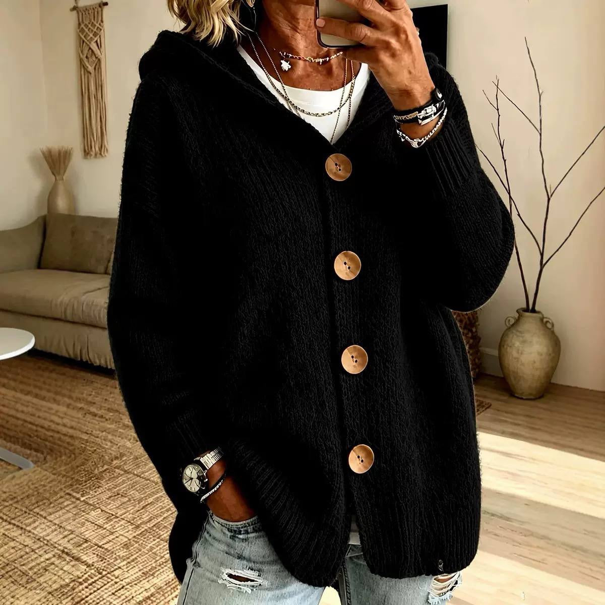 Relaxed Hooded Button-Front Cardigan With Ribbed Trim – Black