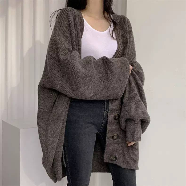 Oversized V-Neck Button-Front Cardigan With Balloon Sleeves – Dark Grey