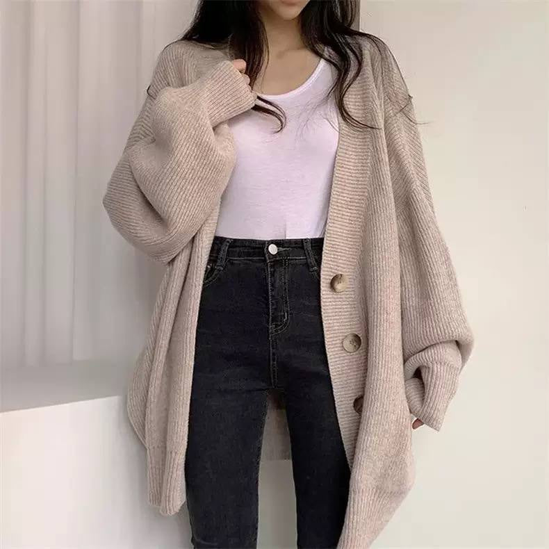 Oversized V-Neck Button-Front Cardigan With Balloon Sleeves – Beige