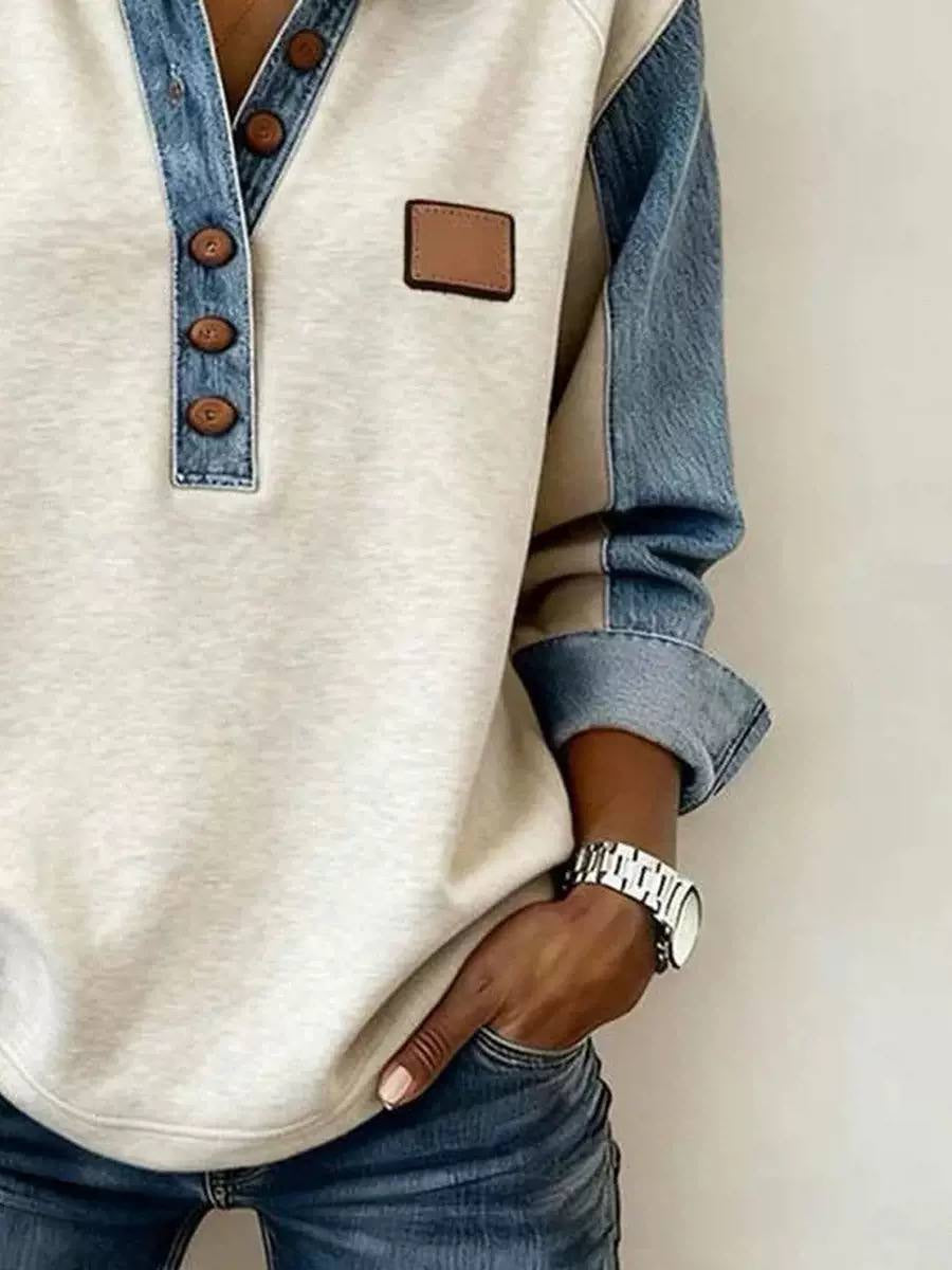 Relaxed Collared Top With Contrast Panels and Buttons – Cream And Blue