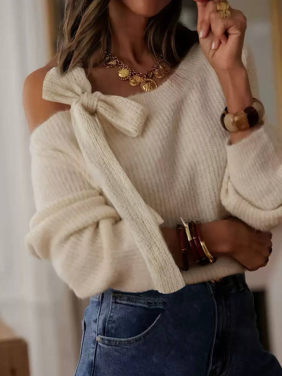 Bow Detail Cold Shoulder Long Sleeve Sweater – Cream