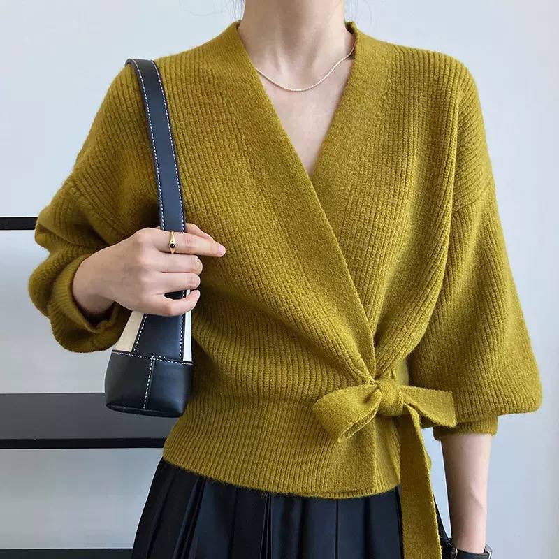 Ribbed V-Neck Wrap Cardigan With Side Tie Waist – Olive