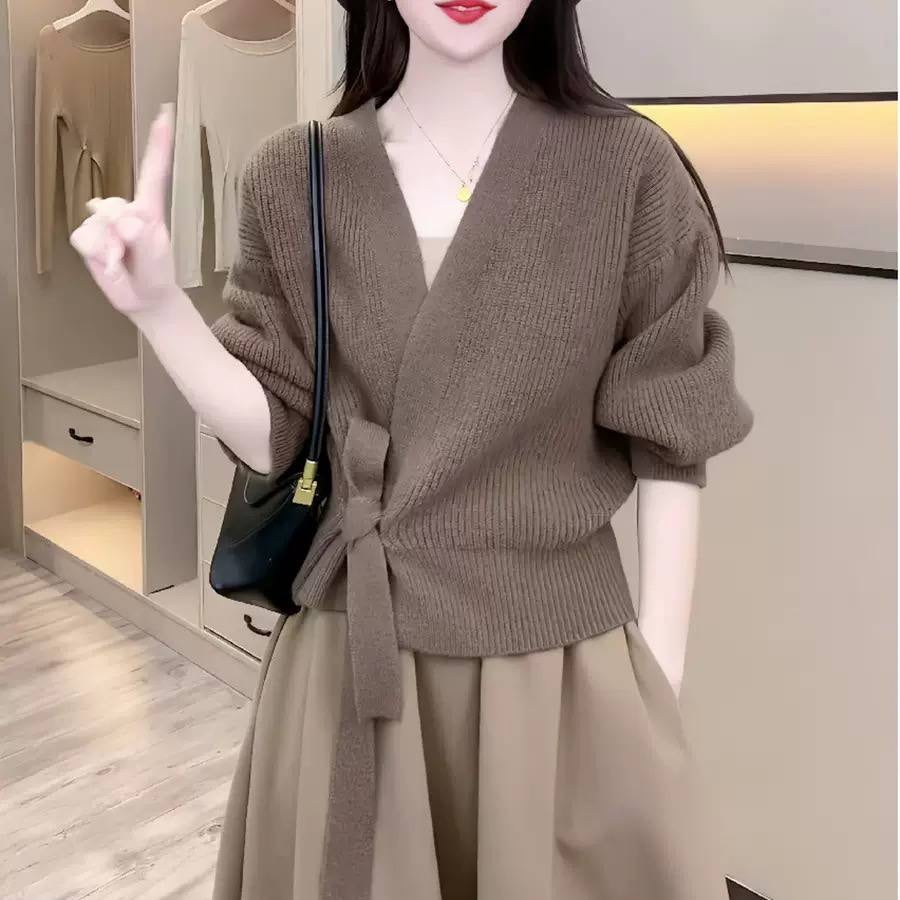 Ribbed V-Neck Wrap Cardigan With Side Tie Waist – Taupe
