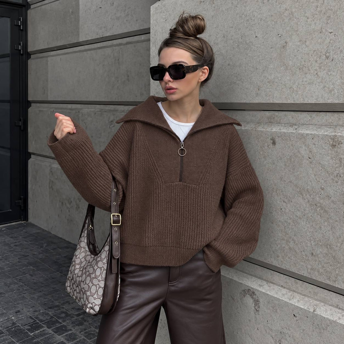 Relaxed Half-Zip Knit Sweater With Wide Foldover Collar – Brown