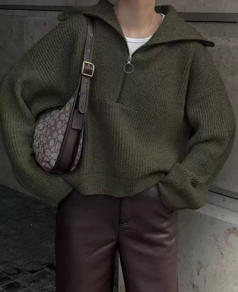 Relaxed Half-Zip Knit Sweater With Wide Foldover Collar – Olive Green