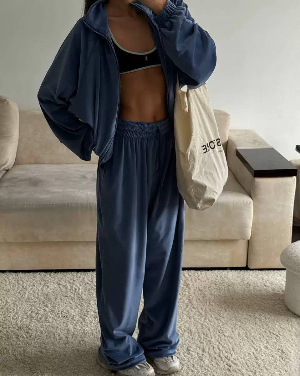 Cropped Zip-Up Jacket and Wide-Leg Pants Set – Blue