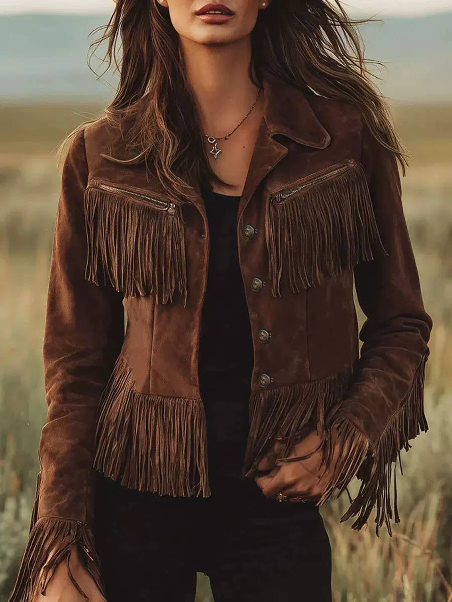 Western Fringe Button-Front Jacket With Notched Collar – Brown